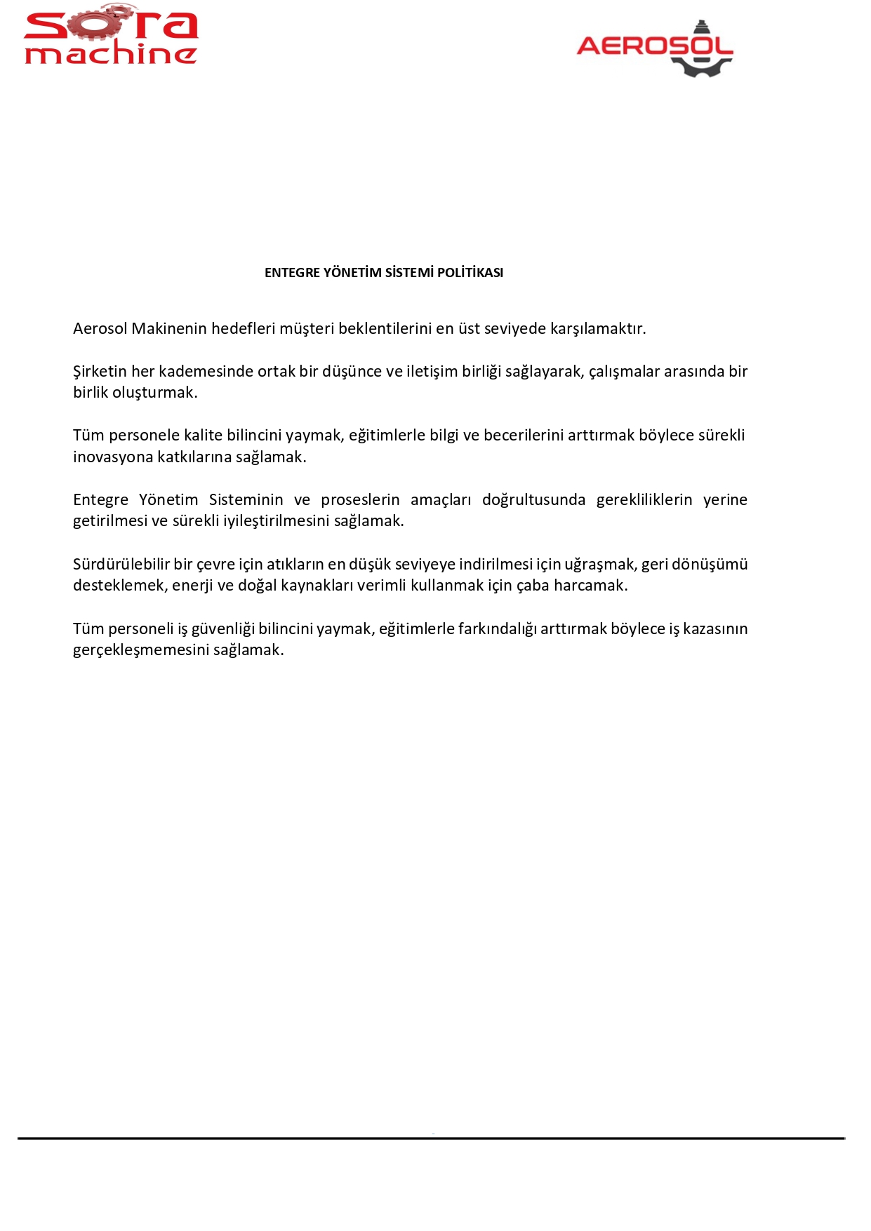 ENTEGRE YONETIM SISTEMI POLITIKASI page 0001 Integrated Management System Policy